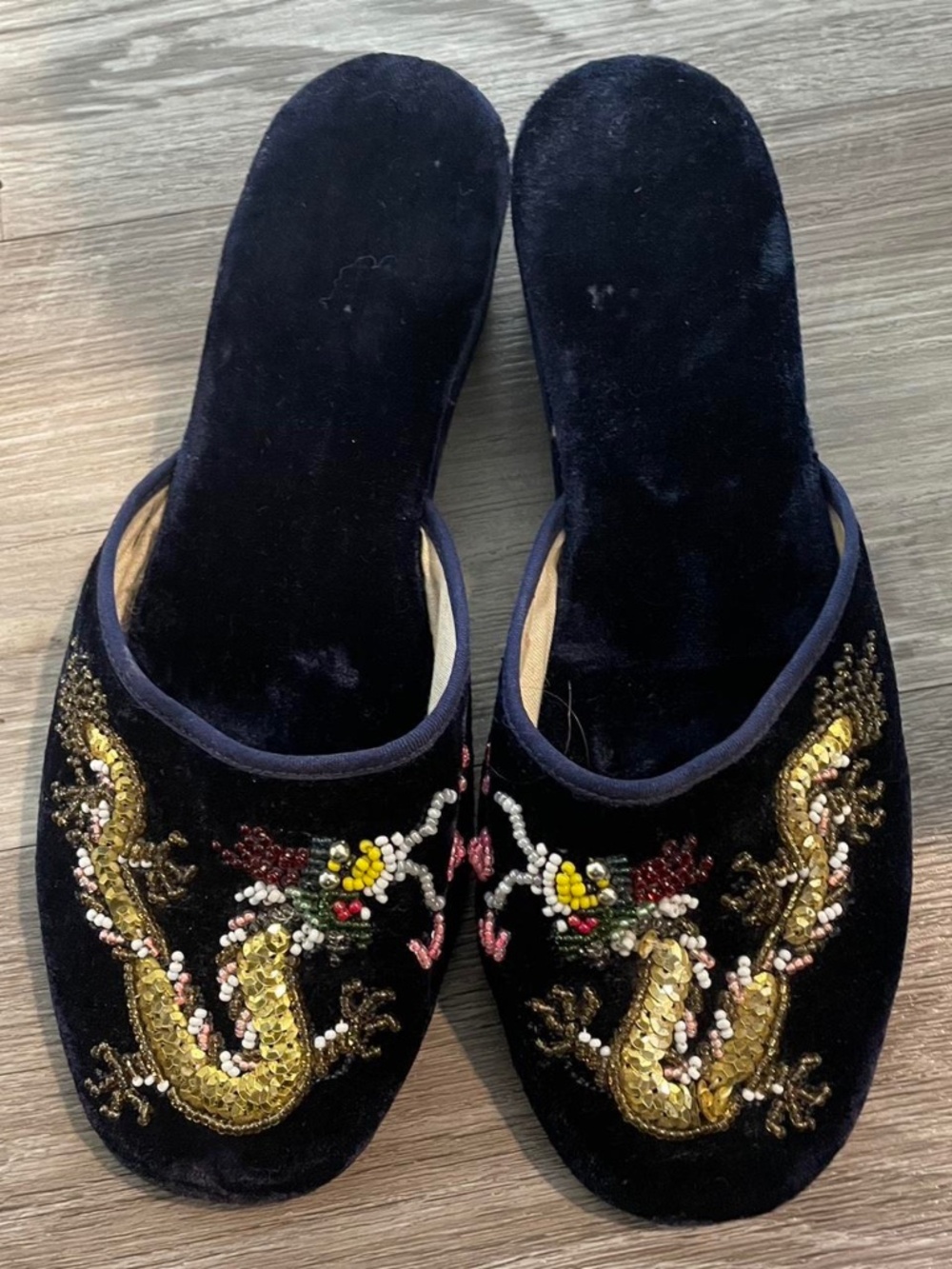 Vintage 50's Beaded Chinese Dragon Navy Velvet Slippers Shoes w/ Wedge Heel
